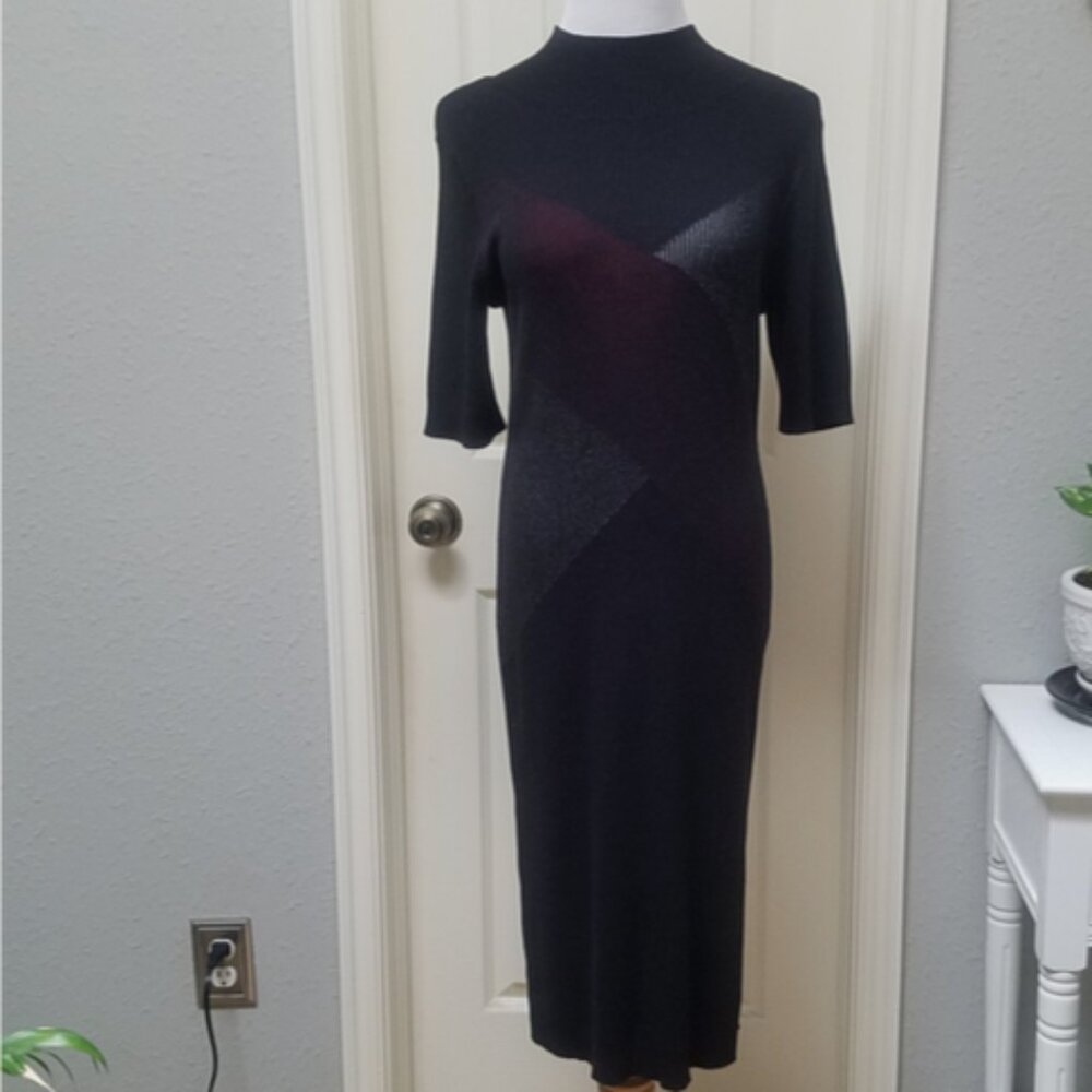WORTHINGTON Womens Sweater Bodycon Dress Midi S/S Mock Neck Black Ribbed Size XL